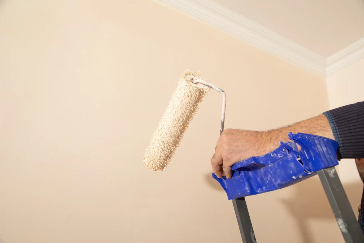 Wand wird mit der Malerrolle gestrichen – Malerarbeiten Messie-Wohnung